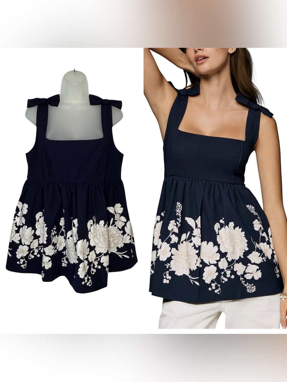 MAEVE Anthropologie Women Size L Blue Floral Bow Strap Babydoll Top Blouse.